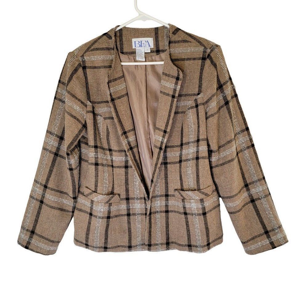 BEA‎ Classics Wool Blend Open Blazer Womens 12 Vintage Neutral Plaid Fully Lined
